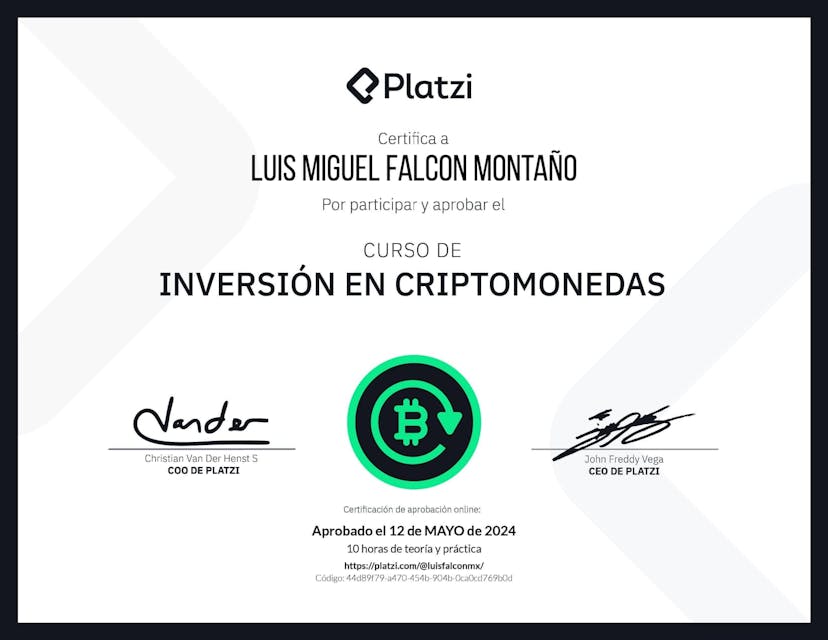 Certificate for Curso de Inversión en Criptomonedas
